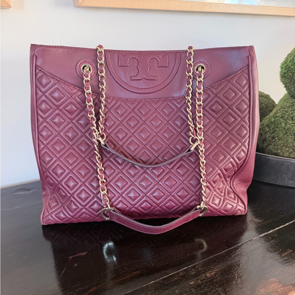 Tory Burch Quilted Leather Tote in Plum with Gold Chain Straps